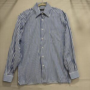 Ermenegildo Zegna Shirt Mens Large Blue White Striped Button Up Dress Classic
